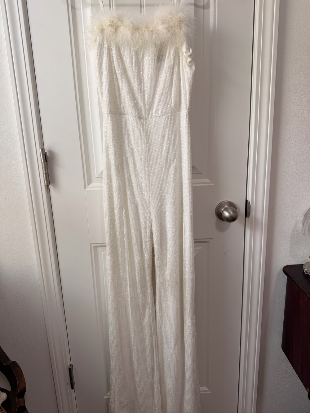 White Sequins Jumpsuit with Faux-Fur Trim - Picture 3 of 10